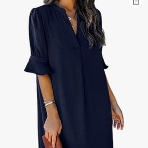 Womens Navy V Neck Short Sleeve Dress Medium M Ruffle Sleeve